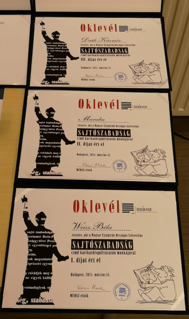 A karikatúrapályázat nyerteseinek okleveleit Halász Géza készítette.